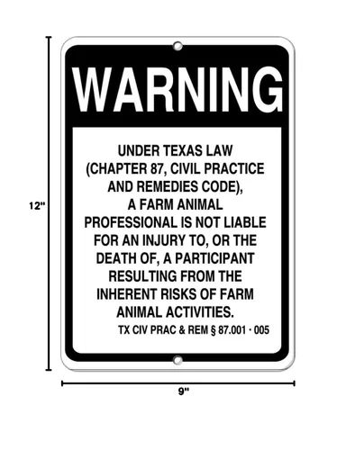 Miniatura 4 de Letrero de metal vertical de aluminio, varios tamaños, Texas Law Farm Animal Profesional Not Liable Injury Death State Right con borde resistente a