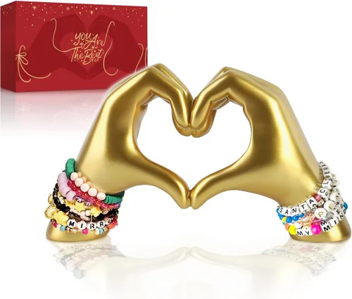 Decoración dorada para sala de estar, dormitorio, estantería, escultura de manos de corazón, personalizada de hija, hijo, esposa (sin pulseras)