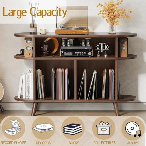Miniatura 5 de LIVEHOM Soporte redondo grande para tocadiscos, armario de almacenamiento de discos de madera, soporte para discos de vinilo con área