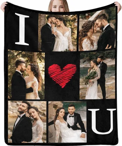 Miniatura 15 de Manta de fotos personalizada, manta de pareja de boda, con texto en inglés «He Asked And She Said Yes», 4 fotos, manta de boda, regalo romántico