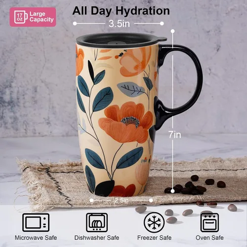 Miniatura 4 de Topadorn Taza de Viaje de Cerámica con Tapa y Asa, Taza de Café Taza de Té en Caja de Color 17 Oz, Tapa Resistente a Salpicaduras - Vaso para Llevar
