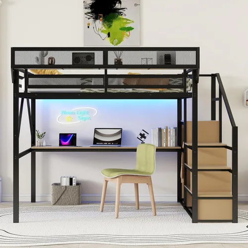 Miniatura 11 de Cama alta convertible de tamaño individual con escaleras de almacenamiento, estantes y armario, marco de cama de metal con barandilla de seguridad