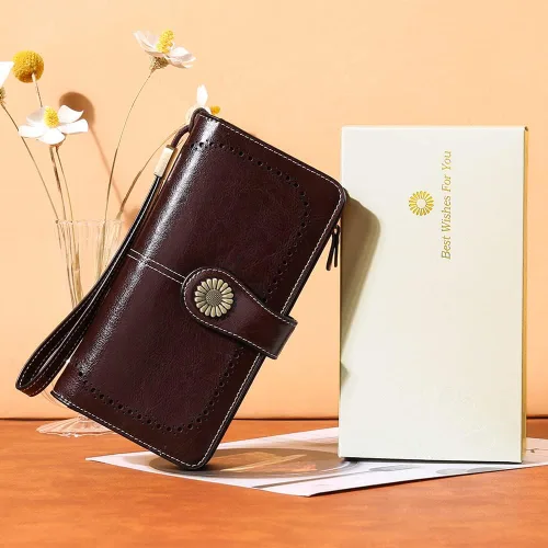 Miniatura 4 de SENDEFN - Billeteras de cuero genuino para mujer con tarjetero y bloqueo RFID, de gran capacidad y con correa para la muñeca