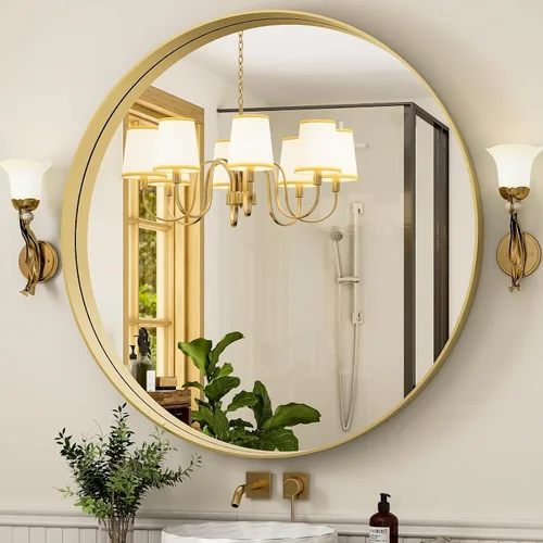 Miniatura 16 de Espejo redondo de baño de 24 pulgadas, espejo circular montado en la pared con marco de metal, espejo moderno adecuado para baño, tocador, entrada
