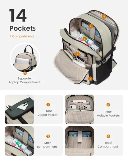 Miniatura 3 de LOVEVOOK - Mochila para portátil de viaje y trabajo, 15,6 pulg., Moderno Beige-verde claro-verde oliva-negro