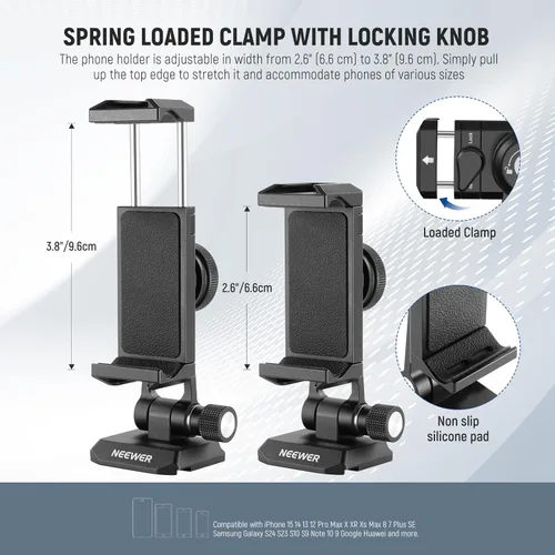 Miniatura 3 de Adaptador de montaje de trípode para teléfono Neewer con base tipo Arca QR, zapata fría, agujeros de 1/4" y 3/8", giro de 360° y inclinación