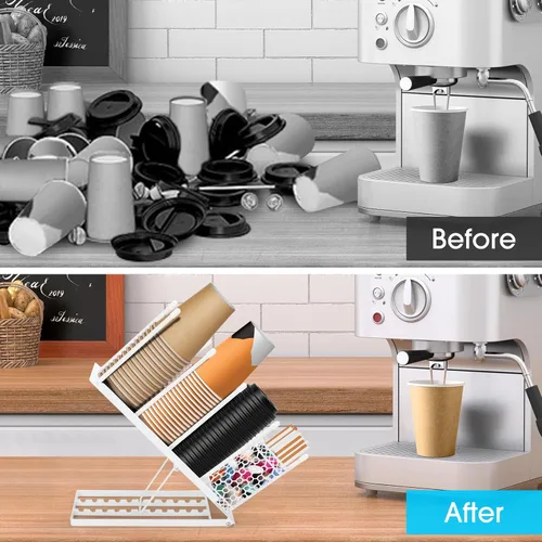 Miniatura 4 de ShineMe Soporte para taza de café para encimera, dispensador de tazas de metal ajustable y tapa con organizador de pajita, organizador de 4