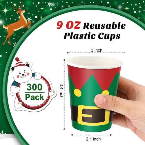 Miniatura 3 de Zhehao 300 vasos de papel de Navidad de 9 onzas, desechables, 6 estilos, pan de jengibre, Papá Noel, elfo, muñeco de nieve, alce, enano, tazas