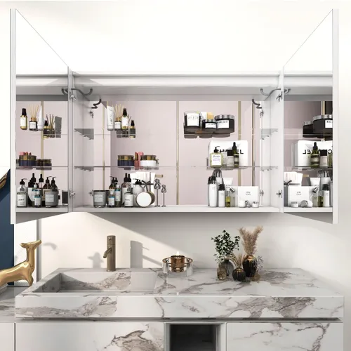 Miniatura 8 de Botiquín de baño con espejo de tocador LED, montaje en superficie de luz ajustable de 3 colores, gabinete de baño con luz antiniebla