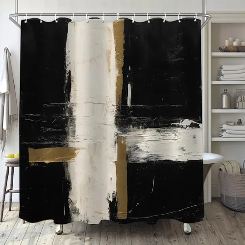 Miniatura 11 de Cortina de ducha negra y beige para baño, juego de cortina de ducha boho blanco, marrón, beige y crema, pintura al óleo abstracta de tela moderna