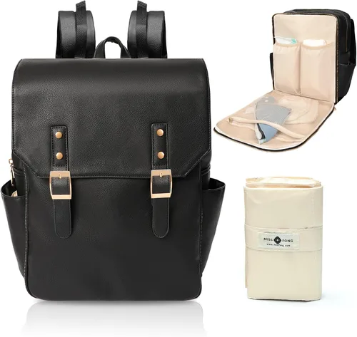 miss fong Bolsa de pañales de cuero para mamá y papá con 12 bolsillos, cambiador de pañales y 4 bolsillos aislados, color negro oscuro