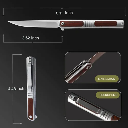 Miniatura 6 de Cuchillo de bolsillo para hombres, cuchillo plegable con clip, con hoja de acero D2, cierre de seguridad, cuchillo afilado para supervivencia