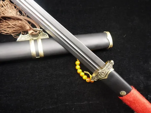 Miniatura 9 de Espada china/Tang jian/hoja de acero de Damasco/vaina de madera negra/accesorios de latón/espiga completa/longitud: 39 pulgadas