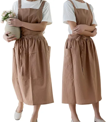 Miniatura 11 de VLZUFE Delantal de lino y algodón para mujer, con espalda cruzada, con bolsillos, para trabajos de jardinería, vestido delantal, color negro