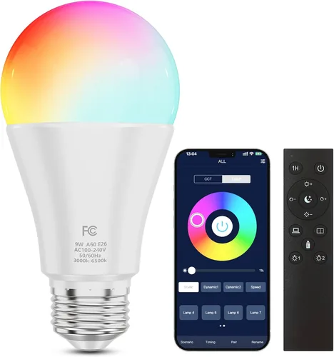 Bombilla A19 que cambia de color con control remoto y control de aplicación, 800LM 9W (equivalente a 60W) regulable 3000K-6500K RGBWW, base E26