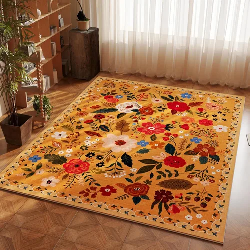Rugcomf Alfombra de Área 4x6 Alfombra Lavable Alfombras Bohemias Antideslizante Pelo Bajo Floral Alfombra Pequeña para Dormitorio, Mesita de Noche,