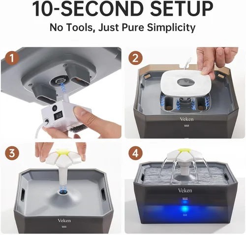 Miniatura 6 de Veken Fuente de agua para gatos pequeña apta para mascotas con bomba silenciosa, fácil de limpiar y montar, mini dispensador de agua para mascotas