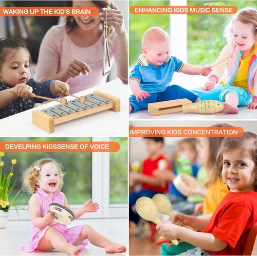 Miniatura 3 de Instrumentos musicales para niños, juegos de juguetes de percusión musical de madera 100% natural, 23 piezas de juguetes de pandereta y xilófono