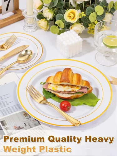 Miniatura 2 de WDF 120 platos de plástico desechables dorados, platos blancos y dorados, incluyen plato llano y plato de ensalada para fiestas, baby shower, boda