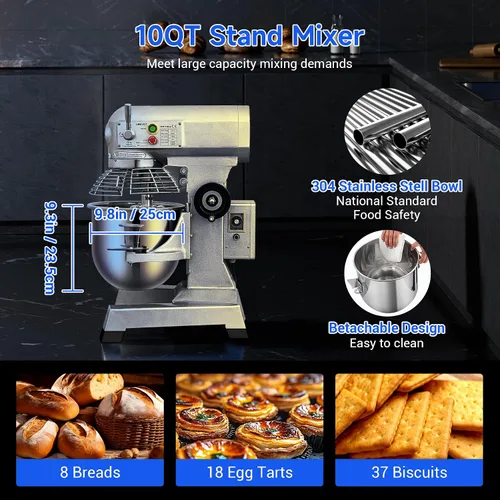 Miniatura 3 de 10Qt Mezclador de alimentos comercial con función de temporización, mezclador de pie industrial de 500W de 3 velocidades ajustables y cuenco