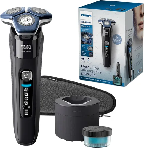 Philips Norelco Shaver 7600, afeitadora eléctrica recargable en seco y húmedo con tecnología SenseIQ, cápsula de limpieza rápida, estuche de viaje y