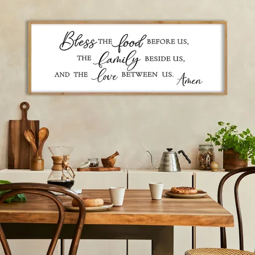 Miniatura 14 de LuZhiQiang Arte de pared para comedor 81,3×30,5 cm "Bless The Food Before Us" Letrero cristiano para cocina, cita familiar agradecida, cuadro grande