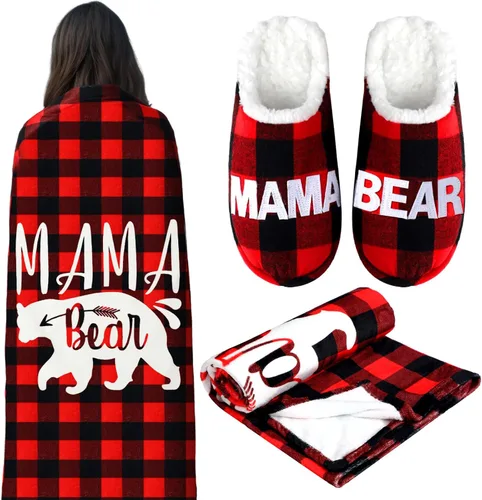 VitalCozy 2 piezas de pantuflas de mamá oso regalo para mamá, mamá, oso, manta a cuadros de búfalo para asistentes administrativos, manta de regalo