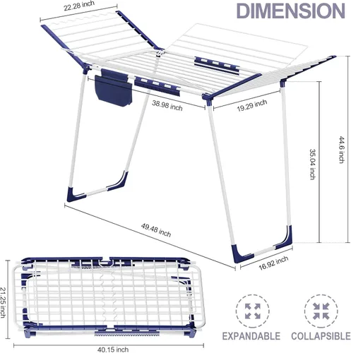 Miniatura 2 de APEXCHASER Tendedero de Ropa Plegable - Tendedero de Ropa de Gran Espacio, Tendedero de Lavandería con Alas con Clips para Calcetines para Colgar