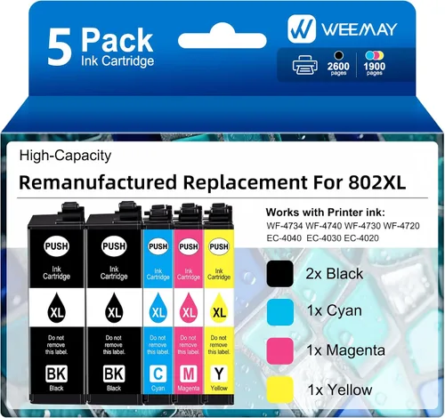 Miniatura 9 de Weemay Paquete combinado de cartuchos de tinta remanufacturados de repuesto para impresoras Epson 802XL funciona con Workforce Pro WF-4734 WF-4740