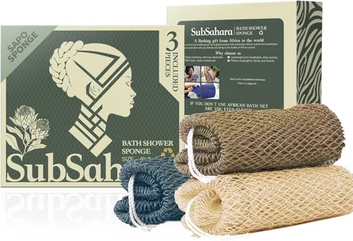 Miniatura 28 de SubSahara Auténtica esponja africana de red – 2 piezas exfoliante exfoliante para todo tipo de piel, esponja de baño para cara y cuerpo, portátil