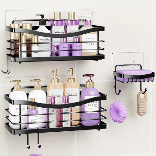 ODesign Estante organizador de ducha de acero inoxidable SUS304 para almacenamiento de baño y cocina, estante adhesivo sin perforaciones con 4 Negro