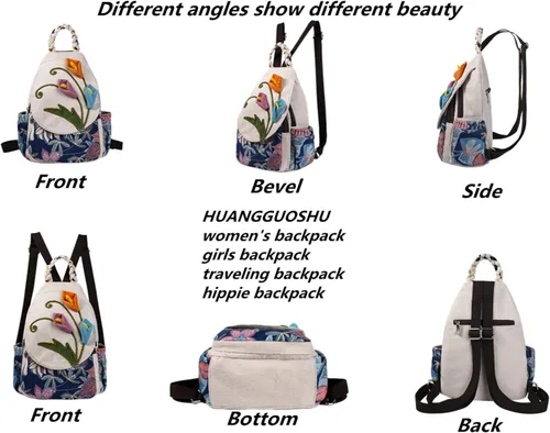 Miniatura 131 de HUANGGUOSHU Mochila de algodón tejida de algodón bohemio con bordado de lona estilo bohemio con múltiples bolsillos retro linda mochila cartera