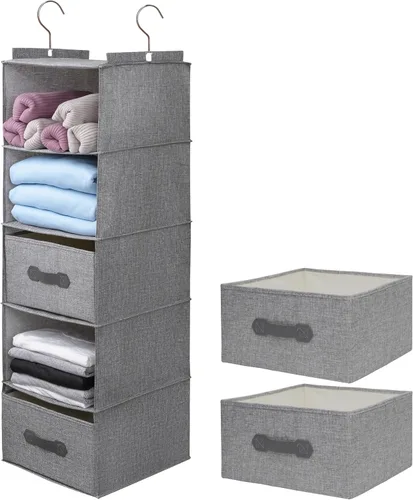 Miniatura 14 de Organizador colgante grande de suéter para armario, estantes colgantes plegables de 6 estantes con cajones, lavable (beige, 6 estantes)