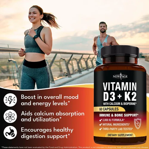 Miniatura 4 de NEW AGE Vitamina D3 5,000 UI + K2 MK-7 100 mcg - 2 en 1 hueso, apoyo inmunológico y cardíaco, fácil de tragar, sin OMG - 120 cápsulas