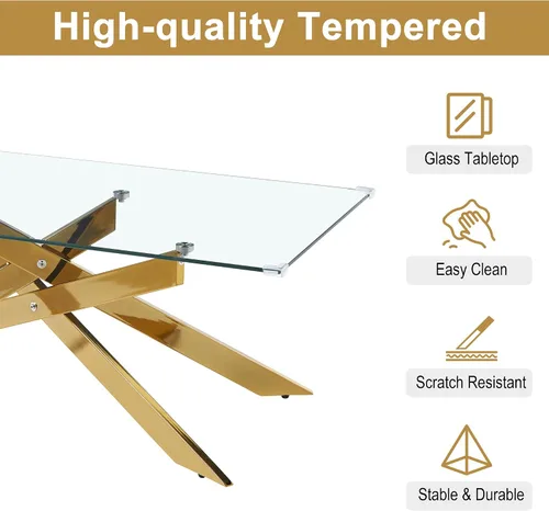 Miniatura 6 de Mesa de centro rectangular moderna de cristal, mesa central de vidrio templado y patas de metal chapado en oro para sala de estar, oficina en casa