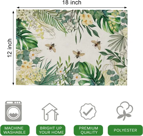 Miniatura 2 de Seliem Juego de 4 manteles individuales florales con plantas tropicales, primavera y verano, hojas de palma, flor de Monstera, abeja, manteles