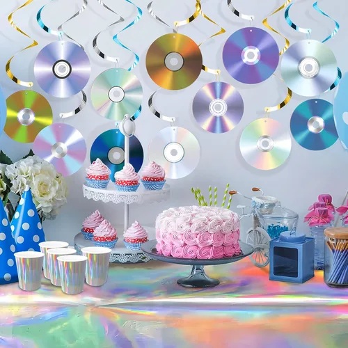 Miniatura 9 de 24 espirales colgantes de fiesta de los años 90, decoración retro de CD con temática de música, serpentinas de techo para fiestas de cumpleaños