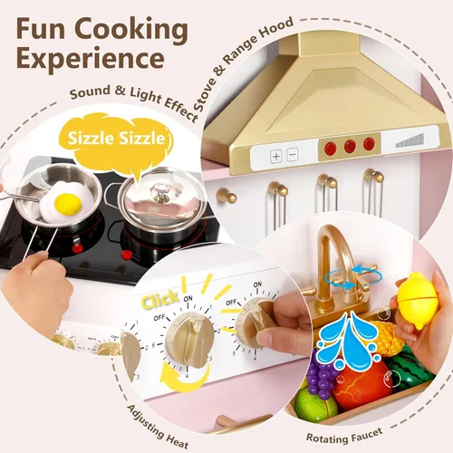 Miniatura 5 de Kinder King Cocina de madera para niños, juego de cocina de juguete para niños pequeños, juego de cocina con sonidos reales, máquina de café de Rosa