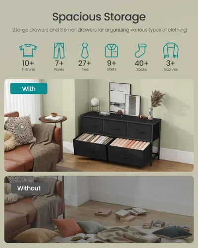 Miniatura 4 de SONGMICS Cómoda para dormitorio, cómoda, acero, MDF, 5 cajones de tela no tejida, unidad organizadora de almacenamiento, armario, entrada, negro