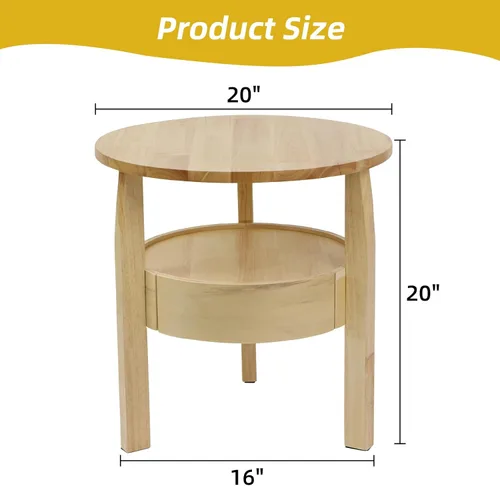 Miniatura 2 de Mesa auxiliar redonda con almacenamiento y cajón oculto, mesa auxiliar de madera natural de 20 pulgadas de profundidad x 20 pulgadas de alto