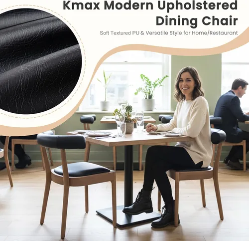 Miniatura 4 de Kmax Sillas de comedor de mediados de siglo modernas sillas de cocina de cuero con marco acabado de nogal natural, respaldo curvado de poliuretano