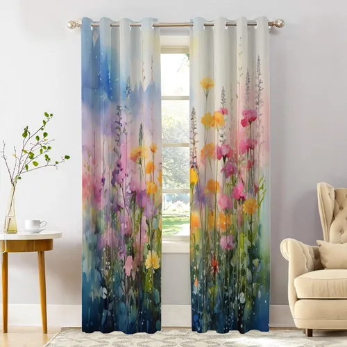 Miniatura 72 de Shrahala Floral Abstract Design Blackout Curtain Tiers, Minimalist Flower Illustration Kitchen Valance Light Blocking Tier Drapes with Rod Pocket, 2