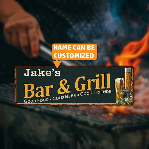 Letrero personalizado de bar y parrilla, letreros con nombre personalizado, decoración de pub de cerveza, decoración de parrilla, para hombre, para