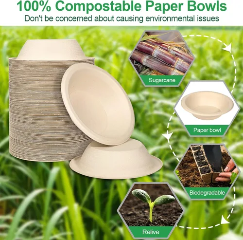 Miniatura 4 de Cuencos desechables de papel para sopa – Paquete de 50 unidades, resistentes, biodegradables y compostables hechos de caña de azúcar, 20 onzas