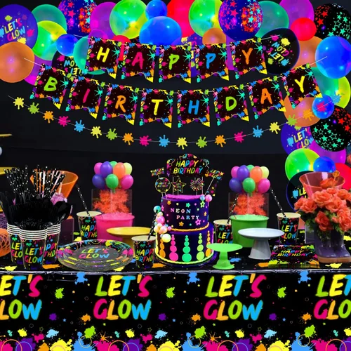 Miniatura 4 de 225 piezas de suministros de fiesta de neón brillante, globo, pancarta de cumpleaños en la oscuridad, guirnaldas, decoración de pastel, mantel
