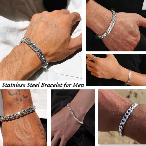Miniatura 6 de Pulsera de plata para hombre, pulsera de eslabones cubanos de acero inoxidable, cuerda resistente, juego de pulseras de cadena cubana Figaro