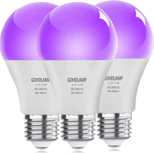 Bombilla de Luz Negra LED A19 12W 395-400nm UVA – Paquete de 3 para decoración de Halloween, fiestas fluorescentes, arte fluorescente y efectos de