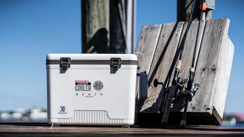 Miniatura 6 de Engel Caja enfriadora de cebo vivo con bomba aireadora de 2ª generación de 2 velocidades, estación de pesca portátil y cubo de pececillos para Blanco