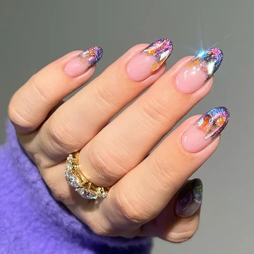 Miniatura 9 de BFY Uñas postizas a presión de ojo de gato, uñas postizas cuadradas medianas, uñas acrílicas de gel rosa claro, kit de uñas postizas holográficas