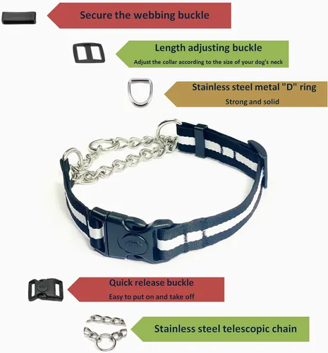 Miniatura 2 de Collar Martingale para perros, collares de nailon ajustables con hebilla de liberación rápida, rayas multicolores, cadena de acero inoxidable